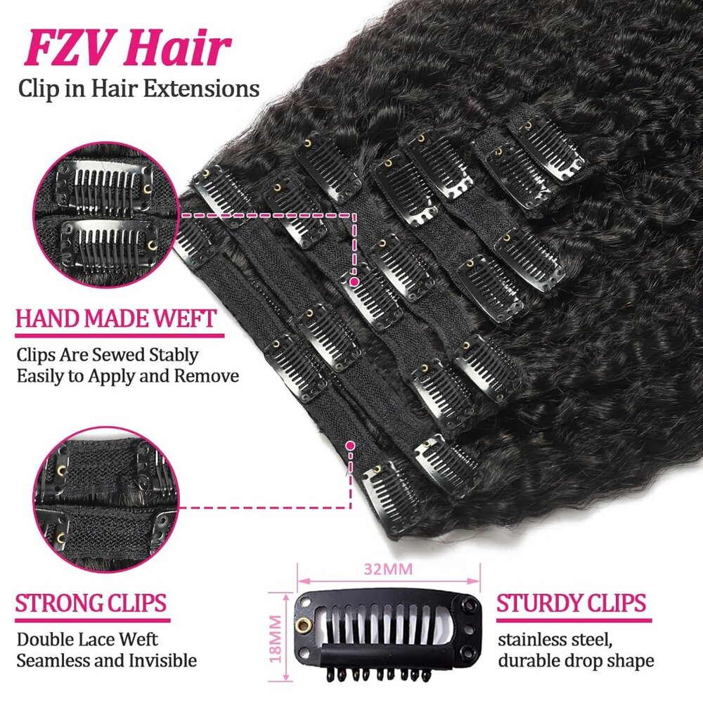 New 8PCS Kinky Straight Clip-in Human Hair Extensions 20" Natural Black Remy - Picture 5 of 9
